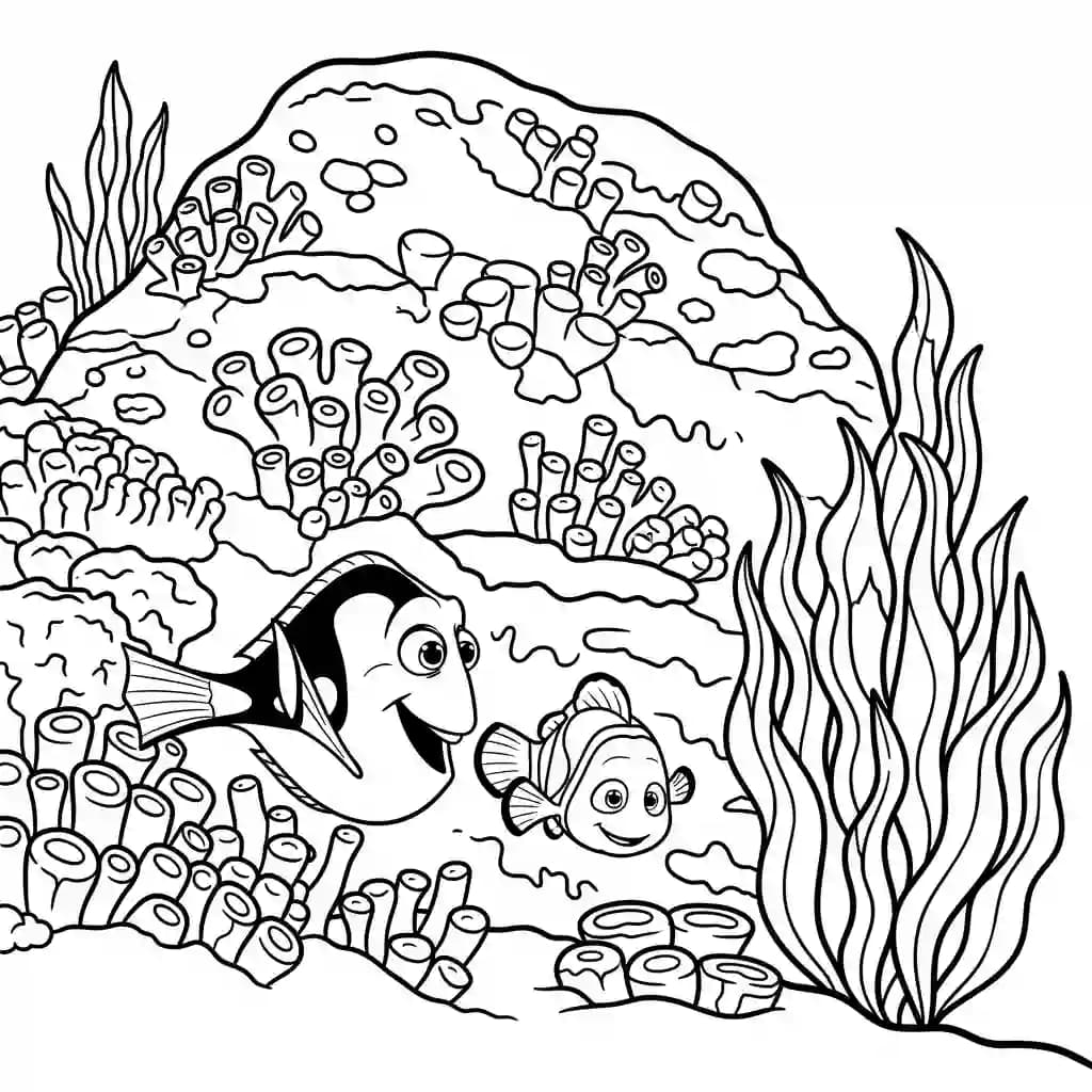 Dory e Nemo nadando perto de uma rocha gigante coberta de corais em Procurando Nemo para colorir.