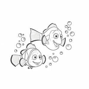 Nemo e Marlin nadando felizes entre bolhas do mar em Procurando Nemo para colorir.