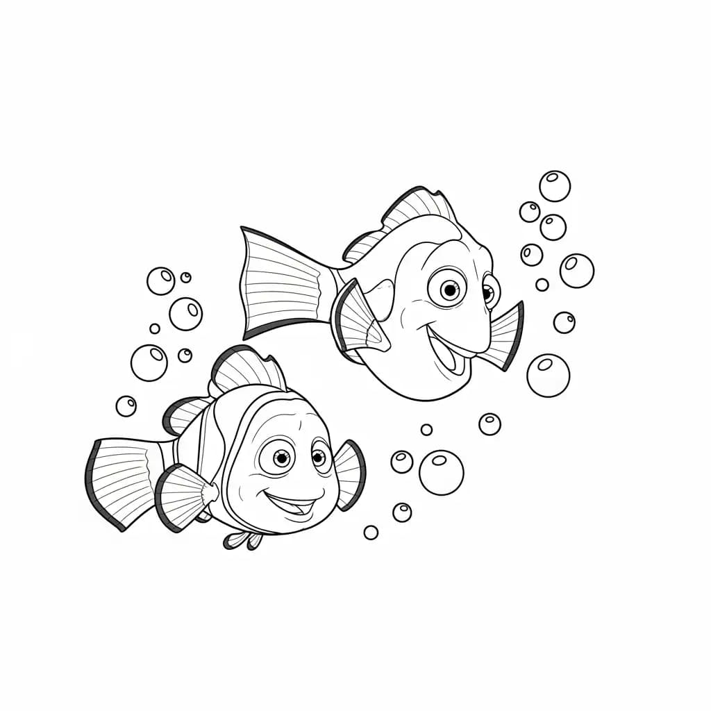 Nemo e Marlin nadando felizes entre bolhas do mar em Procurando Nemo para colorir.