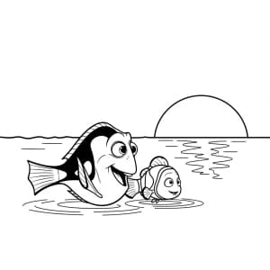 Dory e Nemo observando o pôr do sol no mar em Procurando Nemo para colorir.