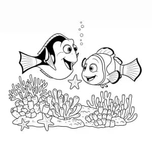 Nemo e Dory brincando com estrelas-do-mar perto dos corais em Procurando Nemo para colorir.