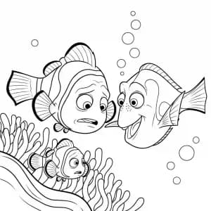 Marlin e Dory encontrando um peixe-palhaço bebê entre anêmonas em Procurando Nemo para colorir.