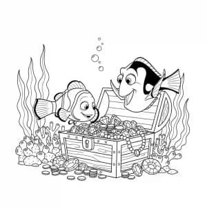 Nemo e Dory achando tesouro submarino para colorir