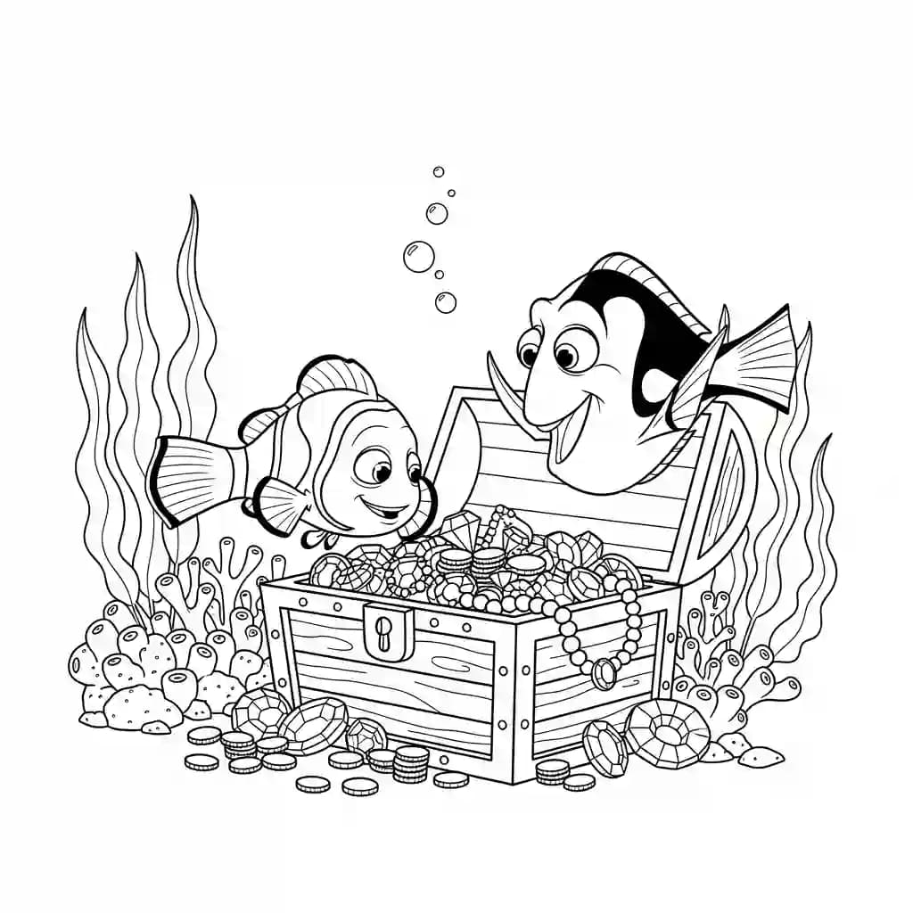 Nemo e Dory achando tesouro submarino para colorir