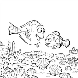 Dory e Nemo brincando entre conchas no fundo do mar em Procurando Nemo para colorir.
