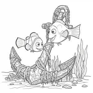 Nemo e Marlin descobrindo uma âncora antiga coberta de algas em Procurando Nemo para colorir.