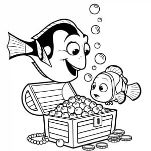 Dory e Nemo encontrando um baú do tesouro cheio de moedas e pérolas em Procurando Nemo para colorir.