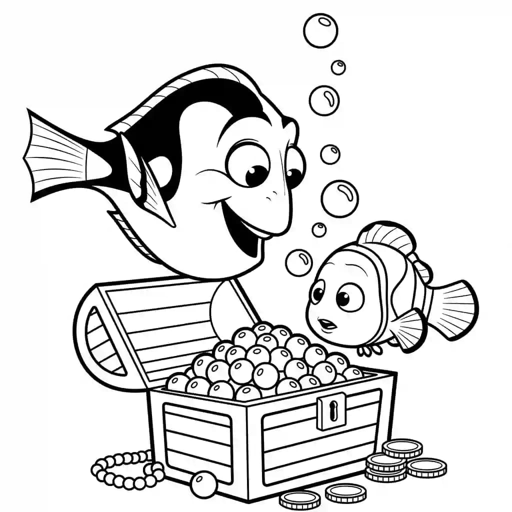 Dory e Nemo encontrando um baú do tesouro cheio de moedas e pérolas em Procurando Nemo para colorir.