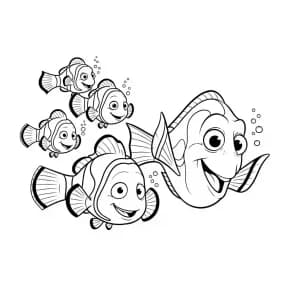 Nemo e Dory nadando com amigos peixes-palhaço em Procurando Nemo para colorir.
