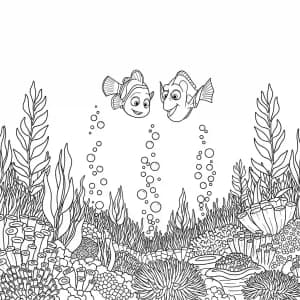 Marlin e Dory observando o fundo do oceano com plantas brilhantes em Procurando Nemo para colorir.