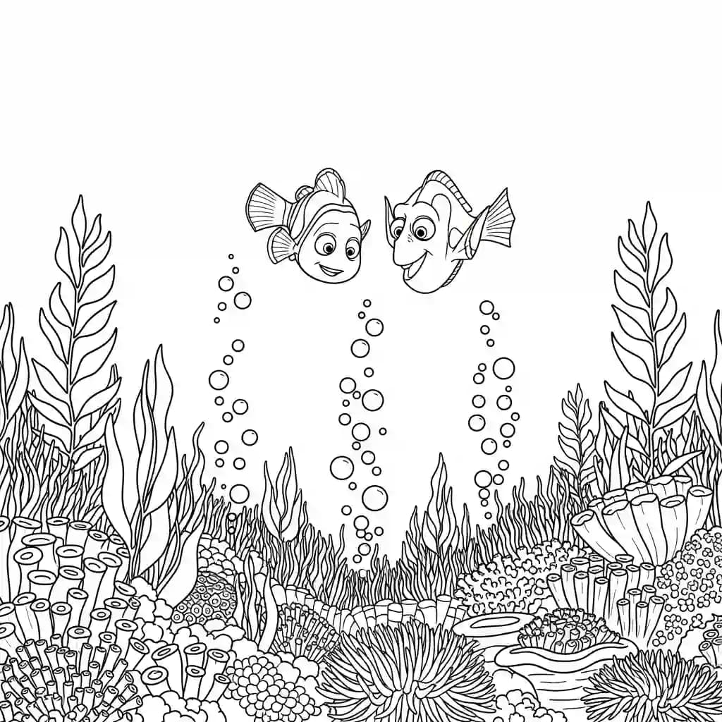 Marlin e Dory observando o fundo do oceano com plantas brilhantes em Procurando Nemo para colorir.
