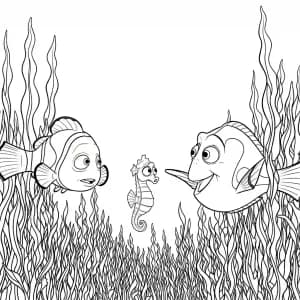 Nemo e Dory ajudando um cavalo-marinho perdido a encontrar sua família em Procurando Nemo para colorir.