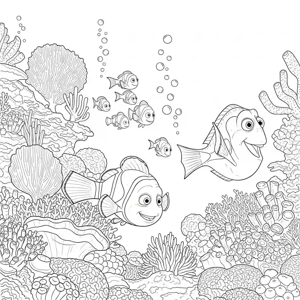 Marlin e Dory nadando entre corais coloridos com peixinhos curiosos em Procurando Nemo para colorir.