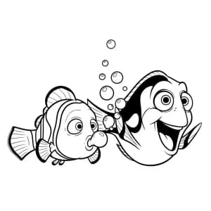Nemo brincando com bolhas ao lado de Dory sorridente em Procurando Nemo para colorir.