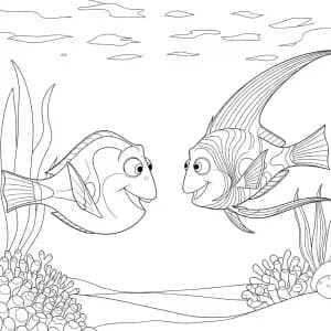 Dory encontrando um peixe colorido misterioso nas profundezas do mar em Procurando Nemo para colorir.