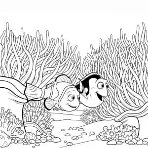 Marlin e Dory navegando entre anêmonas do mar em Procurando Nemo para colorir.