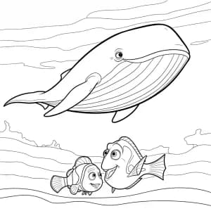Marlin e Dory observando uma baleia gigante no oceano em Procurando Nemo para colorir.