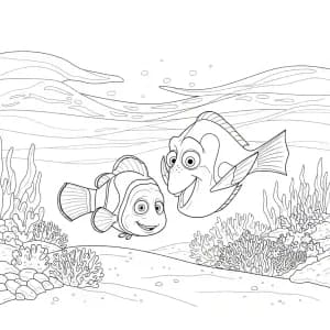 Marlin e Dory descansando em um recife tranquilo sob as ondas em Procurando Nemo para colorir.