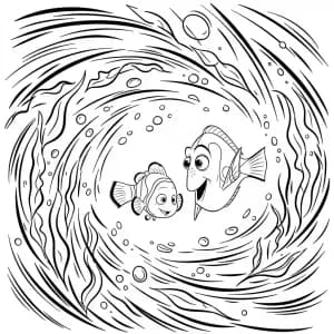 Nemo e Dory observando uma corrente marinha cheia de bolhas em Procurando Nemo para colorir.