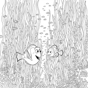 Dory e Nemo explorando uma floresta de algas com peixinhos em Procurando Nemo para colorir.