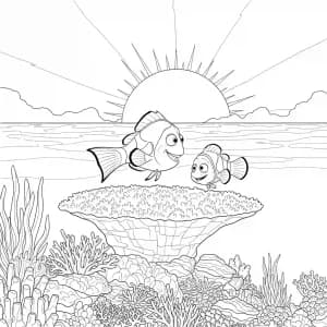Nemo e Marlin observando o pôr do sol no recife em Procurando Nemo para colorir.
