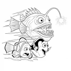 Marlin e Dory fugindo de um peixe-lanterna brilhante no oceano em Procurando Nemo para colorir.