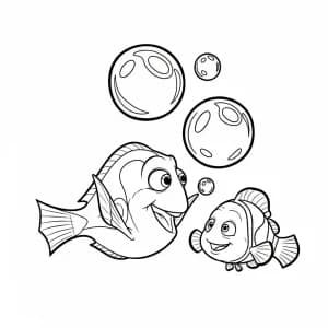Dory e Nemo brincando com bolhas grandes no oceano em Procurando Nemo para colorir.
