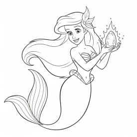 Desenho para colorir da Ariel com cabelos ondulados e cauda de sereia sentada sobre uma pedra, acompanhada de Linguado e Sebastião no fundo do mar — perfeito para imprimir grátis e reviver a magia da Pequena Sereia da Disney.