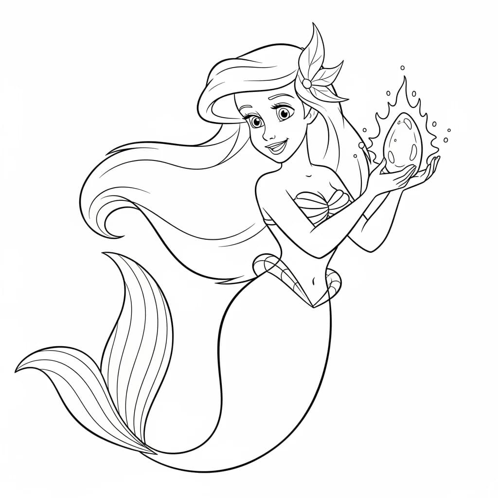 Desenho para colorir da Ariel com cabelos ondulados e cauda de sereia sentada sobre uma pedra, acompanhada de Linguado e Sebastião no fundo do mar — perfeito para imprimir grátis e reviver a magia da Pequena Sereia da Disney.