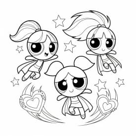 Desenho para colorir das Meninas Superpoderosas voando juntas com Florzinha, Lindinha e Docinho em pose de ação, prontas para salvar o dia — ideal para imprimir grátis e reviver as aventuras das heroínas da televisão.