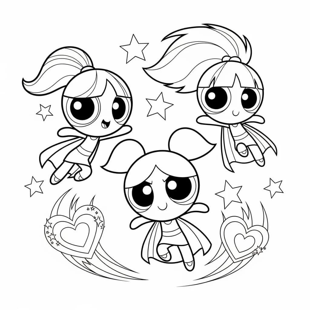 Desenho para colorir das Meninas Superpoderosas voando juntas com Florzinha, Lindinha e Docinho em pose de ação, prontas para salvar o dia — ideal para imprimir grátis e reviver as aventuras das heroínas da televisão.