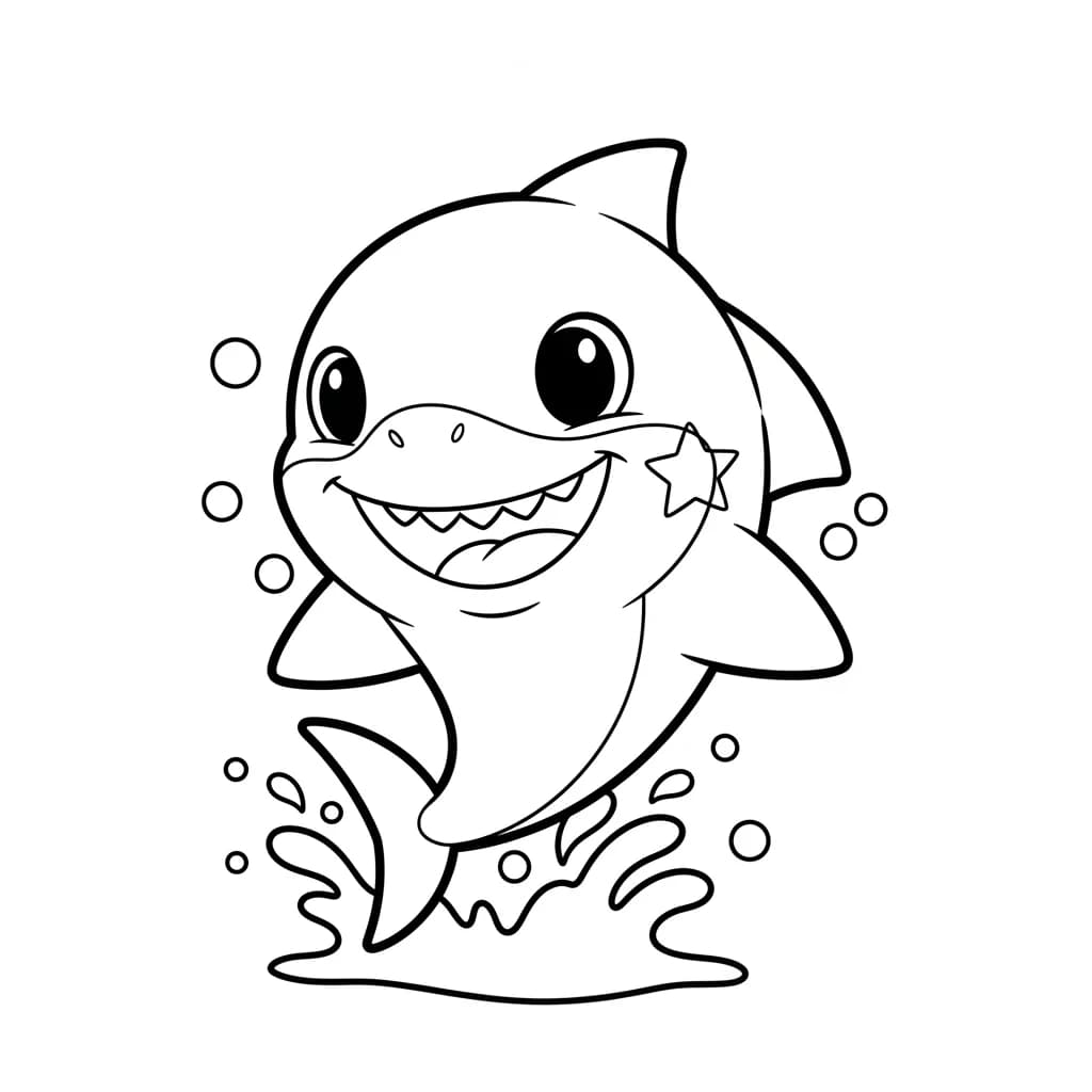 Desenho para colorir do Baby Shark sorridente nadando com sua família em um fundo do mar cheio de peixinhos e bolhas — ideal para crianças pequenas, imprimir grátis e se divertir com a música mais famosa do mundo.