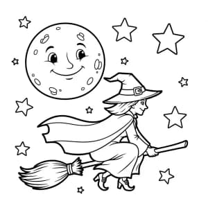 Bruxa voando com lua sorridente no céu estrelado.
