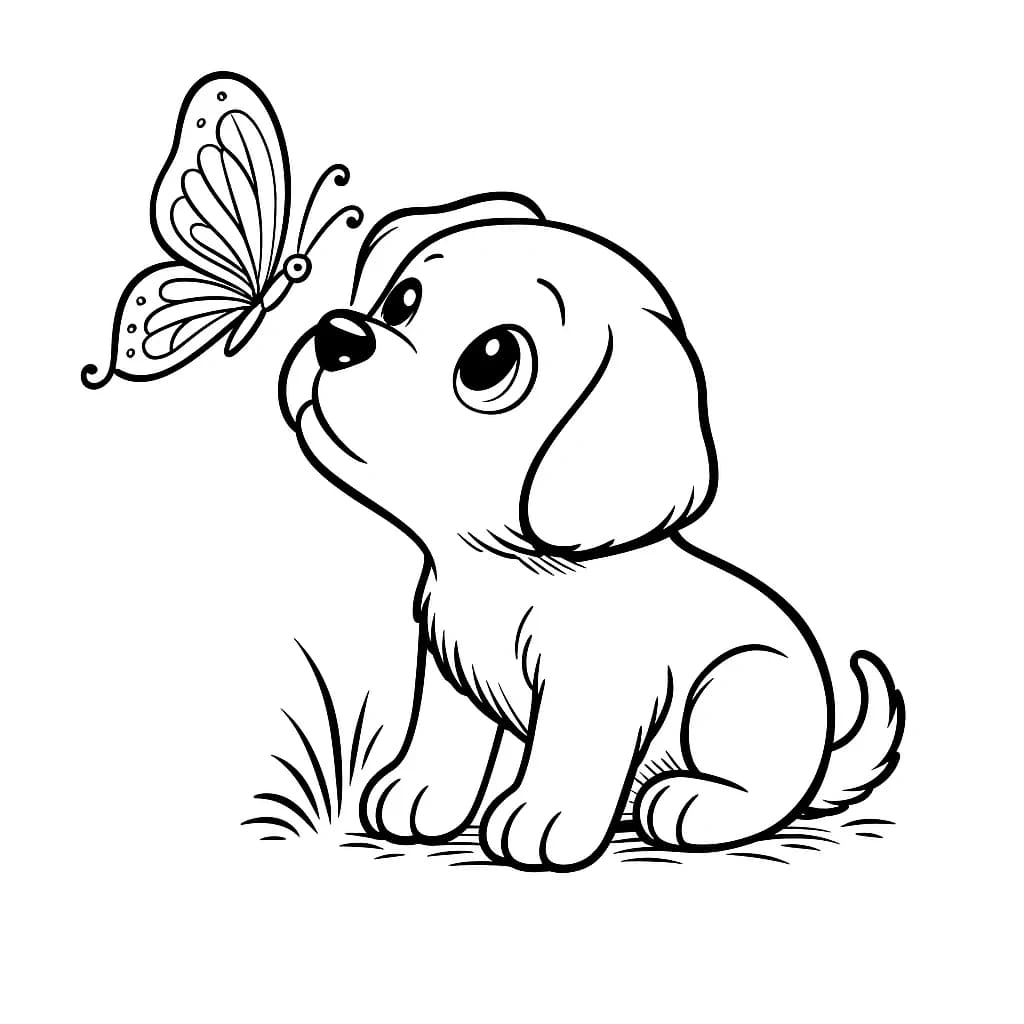 Desenho para colorir de cachorrinho filhote com orelhas caídas, coleira fofa e língua de fora, deitado sobre uma almofada — ideal para crianças, imprimir grátis e aproveitar atividades criativas com o melhor amigo do homem.