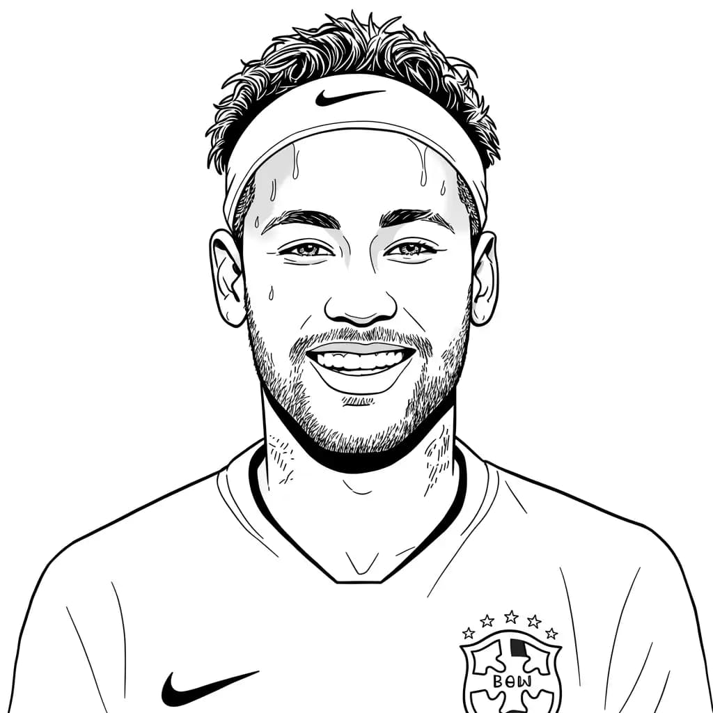 Desenho para colorir do Neymar Jr em estilo retrato, com fundo branco, ideal para imprimir e pintar em casa.