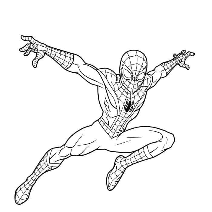 Desenho para colorir do Homem-Aranha pulando entre prédios com teia nas mãos, traje clássico vermelho e azul, em pose de ação — ideal para imprimir grátis e viver aventuras emocionantes com o herói da Marvel.
