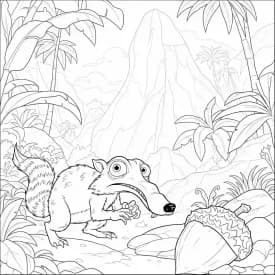 Desenho da Era do Gelo para colorir com Manny, Sid, Diego e Scrat em preto e branco