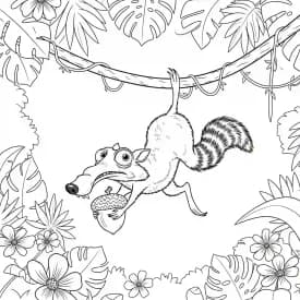 Desenho da Era do Gelo para colorir com Manny, Sid, Diego e Scrat em preto e branco