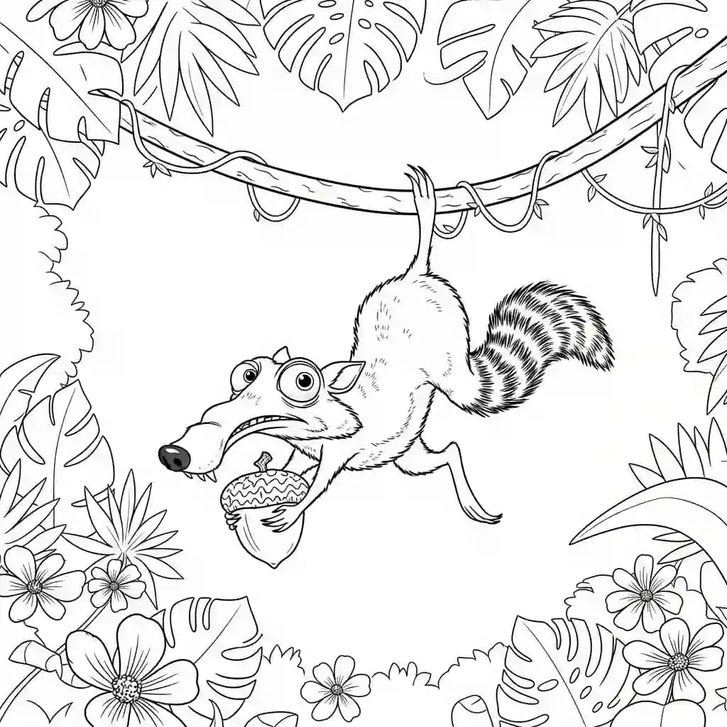 Desenho da Era do Gelo para colorir com Manny, Sid, Diego e Scrat em preto e branco