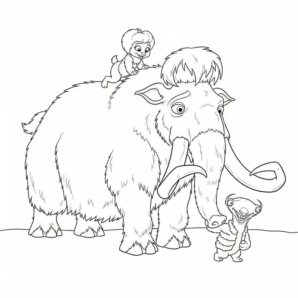 Desenho da Era do Gelo para colorir com Manny, Sid, Diego e Scrat em preto e branco