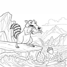 Desenho da Era do Gelo para colorir com Manny, Sid, Diego e Scrat em preto e branco