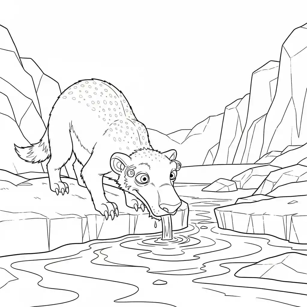 Desenho da Era do Gelo para colorir com Manny, Sid, Diego e Scrat em preto e branco