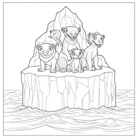 Desenho da Era do Gelo para colorir com Manny, Sid, Diego e Scrat em preto e branco