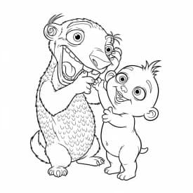 Desenho da Era do Gelo para colorir com Manny, Sid, Diego e Scrat em preto e branco