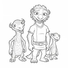 Desenho da Era do Gelo para colorir com Manny, Sid, Diego e Scrat em preto e branco