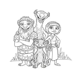 Desenho da Era do Gelo para colorir com Manny, Sid, Diego e Scrat em preto e branco
