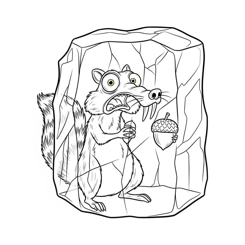 Desenho da Era do Gelo para colorir com Manny, Sid, Diego e Scrat em preto e branco