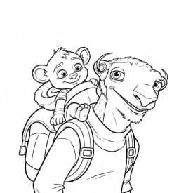 Desenho da Era do Gelo para colorir com Manny, Sid, Diego e Scrat em preto e branco