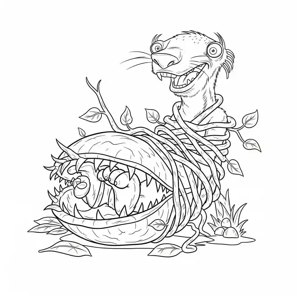 Desenho da Era do Gelo para colorir com Manny, Sid, Diego e Scrat em preto e branco