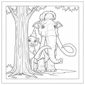 Desenho da Era do Gelo para colorir com Manny, Sid, Diego e Scrat em preto e branco